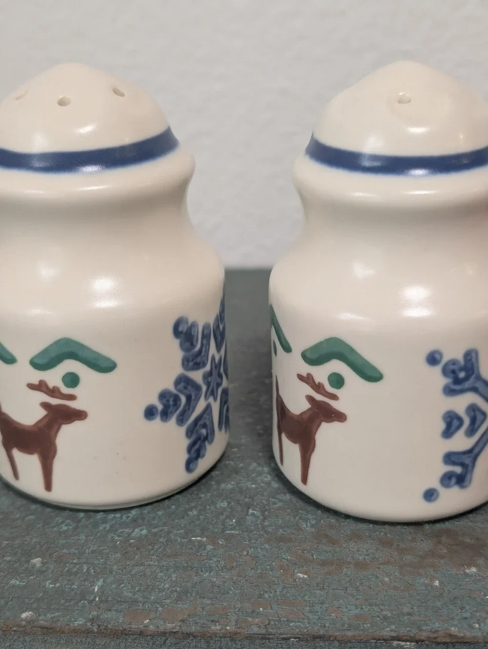 Vintage Pfaltzgraff Stenciled Nordic Christmas Salt & Pepper Shaker Set Reindeer